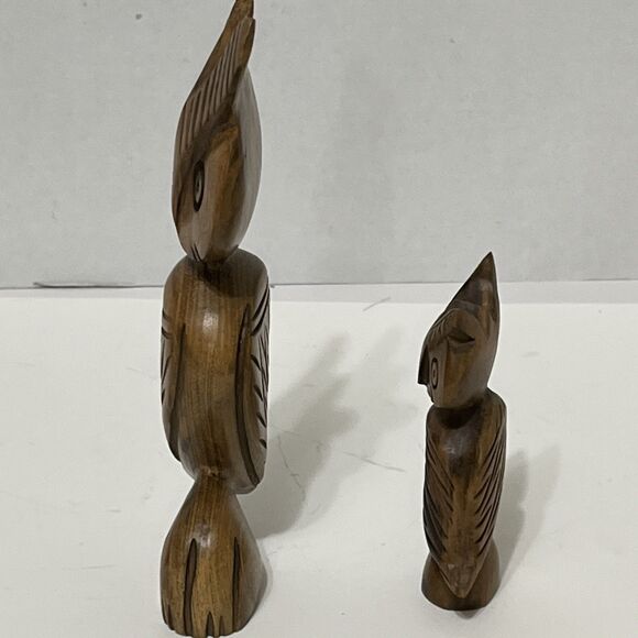 2 Adorable Hand Carved MCM Wood Owl Statue Figurines Unique Weirdo 8” & 5” - Picture 6 of 7